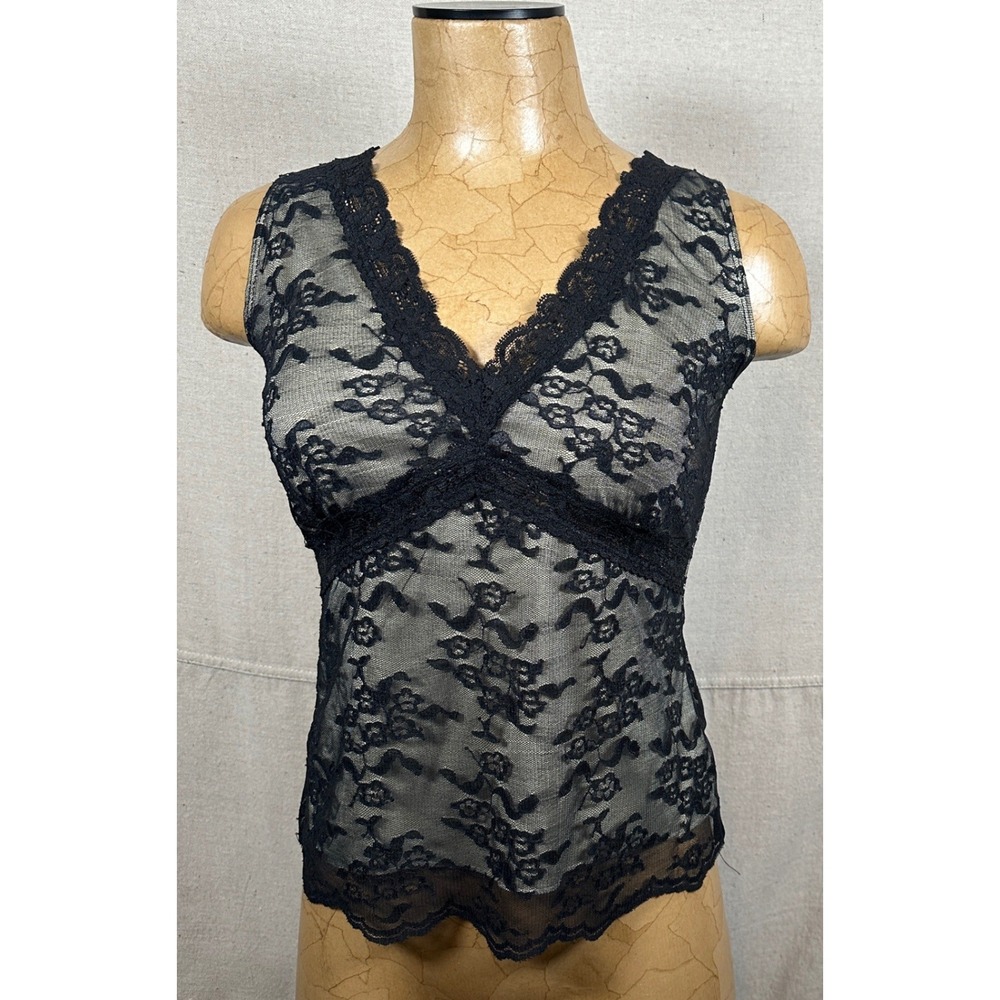 Black Floral Lace Babydoll V-Neck Sleeveless Tank Top Small Coquette Goth 90 Y2K